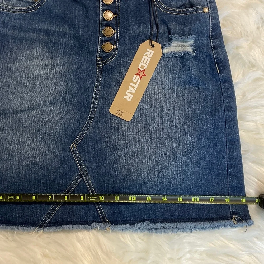Red Star Button-Front Medium Blue Distressed Denim Mini Skirt Size 2 - Picture 16 of 16